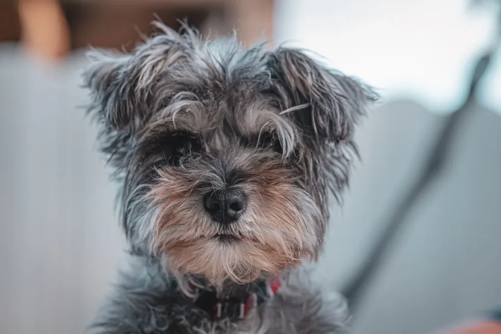 Close portrait of a Schnauzer with a shaggy grey coat and beard