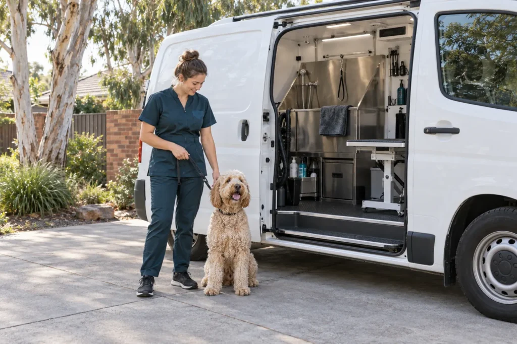 Illustration of a mobile grooming van with a dog beside its open side door