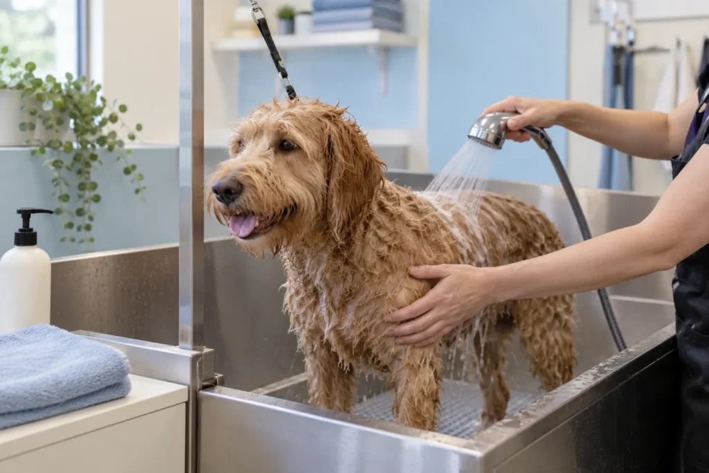 Illustration of a curly-coated dog being gently washed in a grooming bath